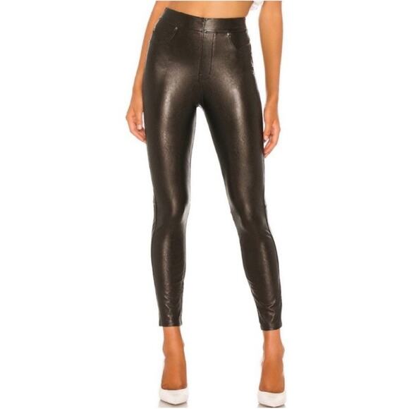 Spanx Black Leather Like High Rise Ankle Skinny Leg Pull On Slimming Pant L - Picture 1 of 8